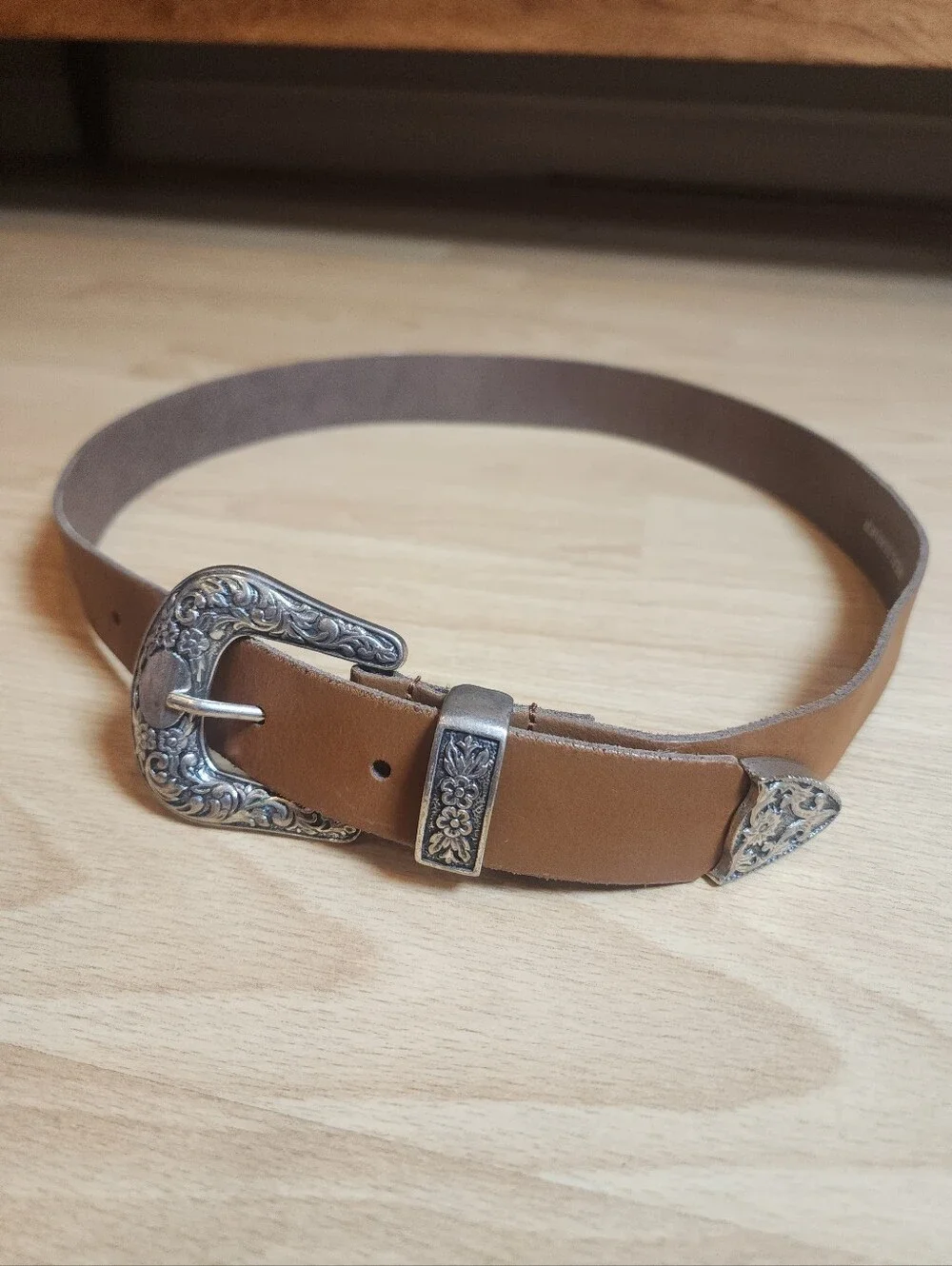Yourturn Genuine Leather Brown Belt Silver Floral Metal Buckle 37